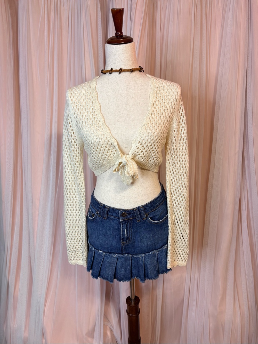 Love Tree Cream Crochet Boho Tie-Front Cardigan